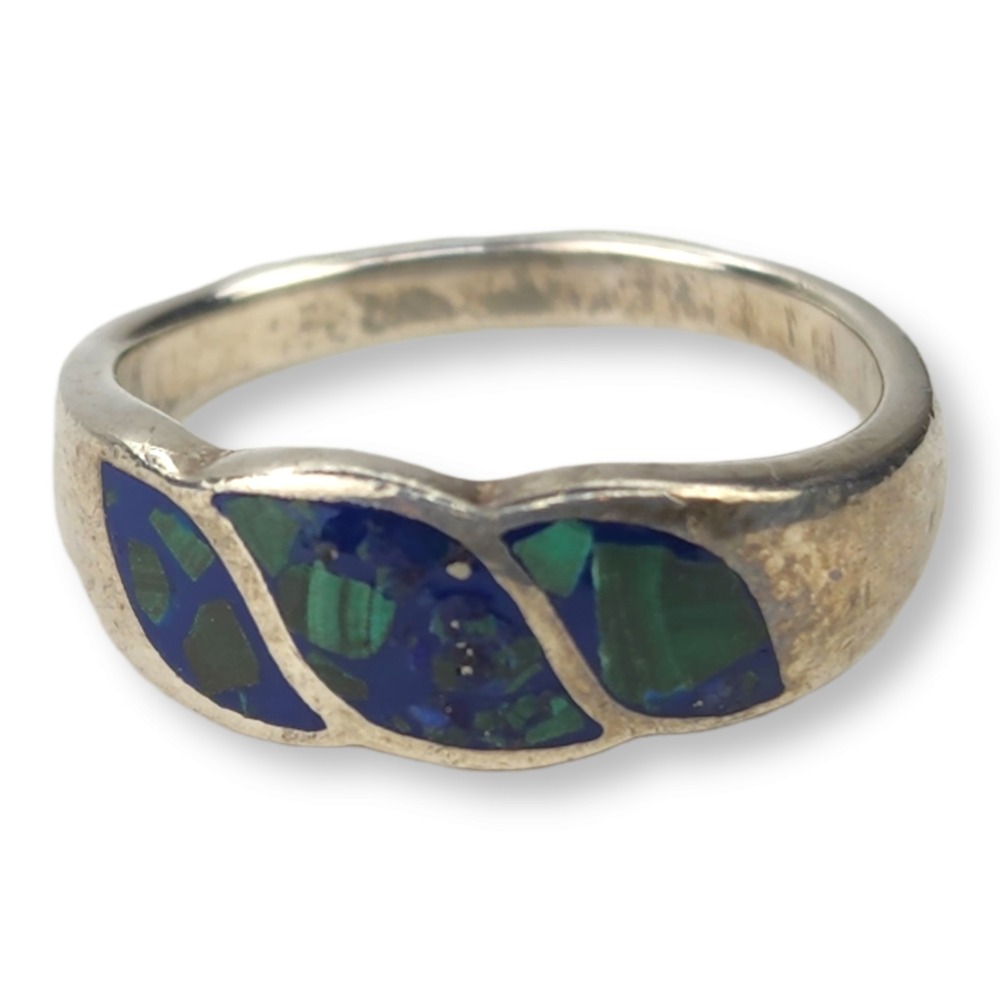 Vintage Ring Sterling Silver 925 Size 6.75 Blue Green Malachite Chip Inlay Band